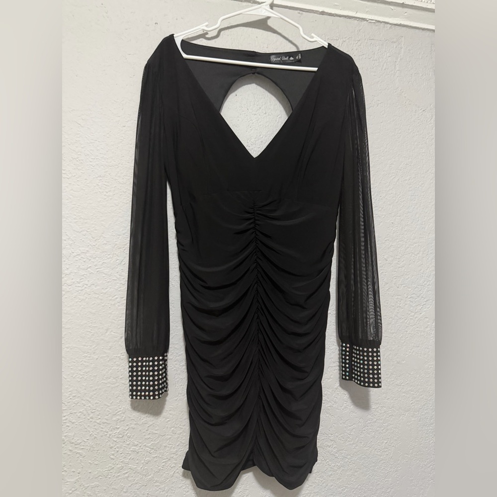 Crystal Doll Black Dress with Ruched Design and Embellished Cuffs